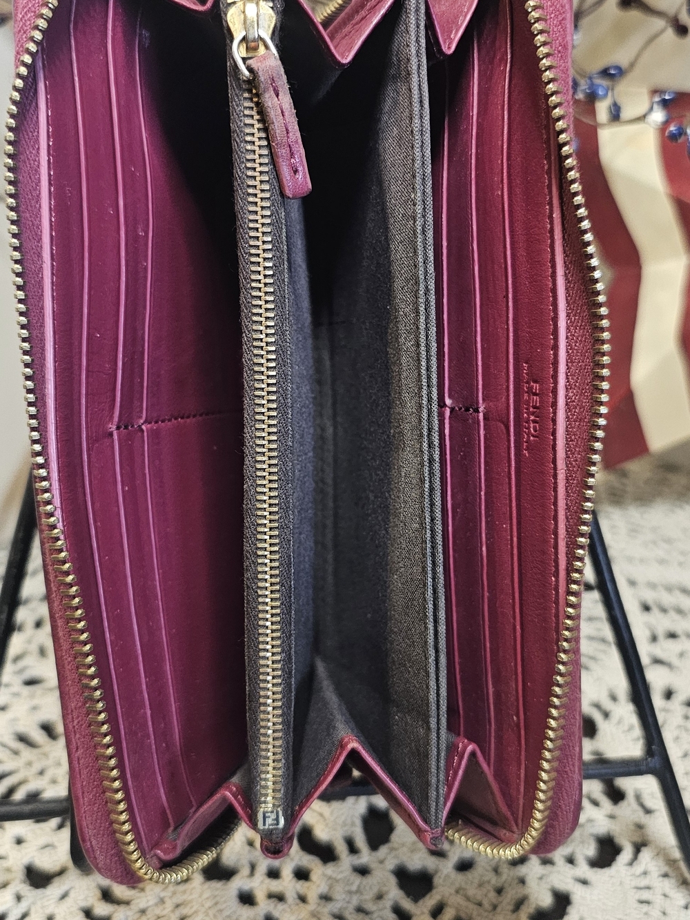 Fendi Striped Canvas Zip-Around Wallet with Burgundy Leather Trim - Picture 6 of 10